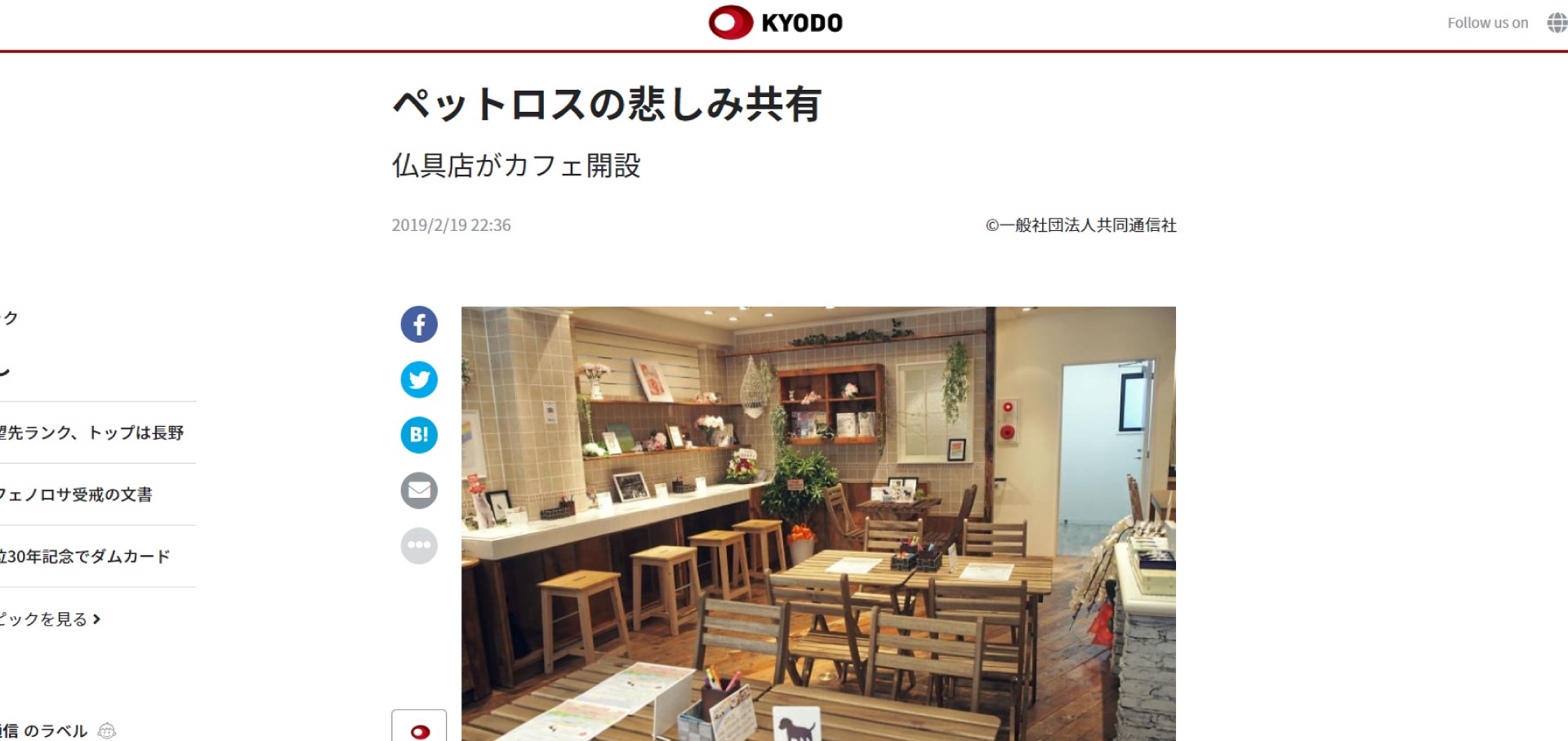ディアペット東京本店のペットロスカフェが共同通信様より掲載されました
